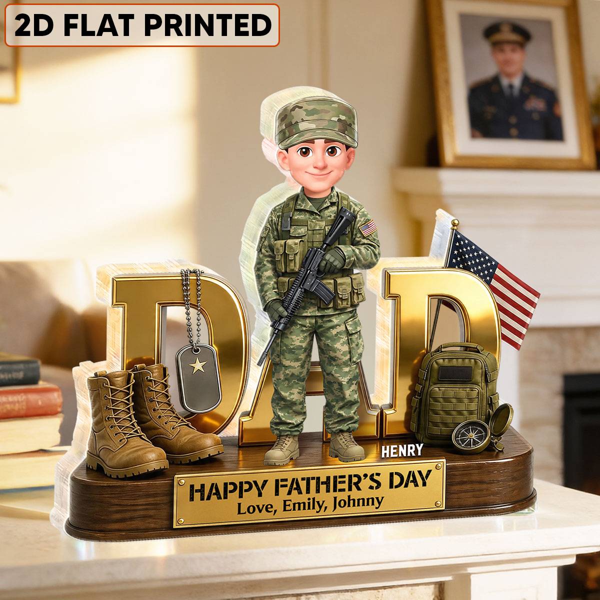 Proud American Military Armed Force Hero Dad 2D Flat - Personalized Acrylic Block Plaque -  Gift For Dad