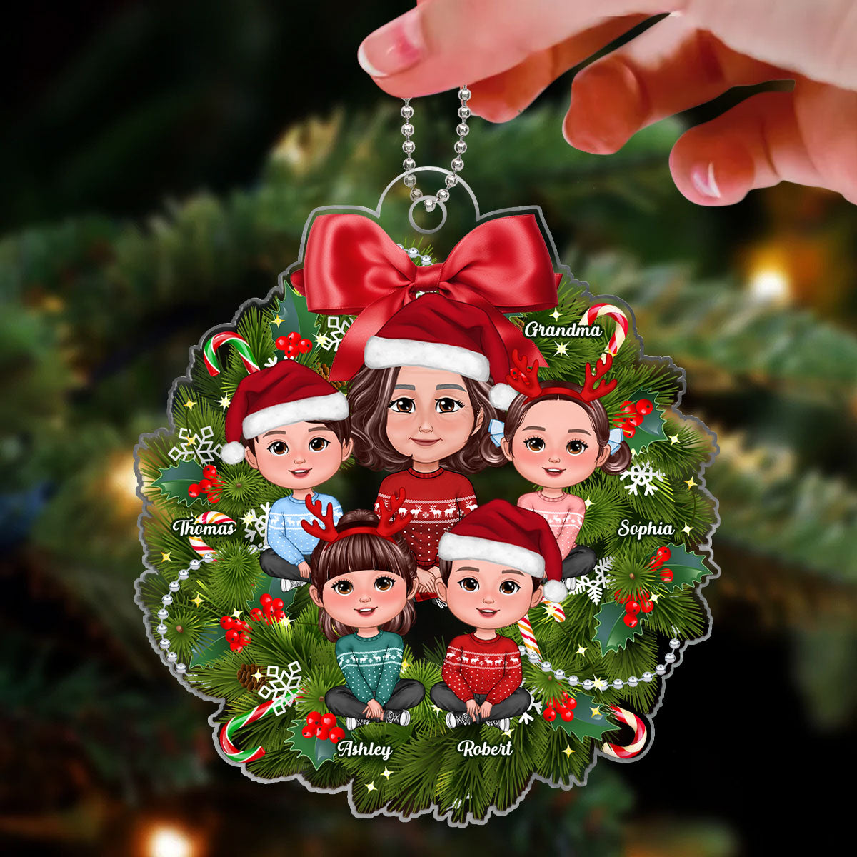 Grandma Grandkids Crossed Legs Sitting On Christmas Wreath Personalized Acrylic Ornament