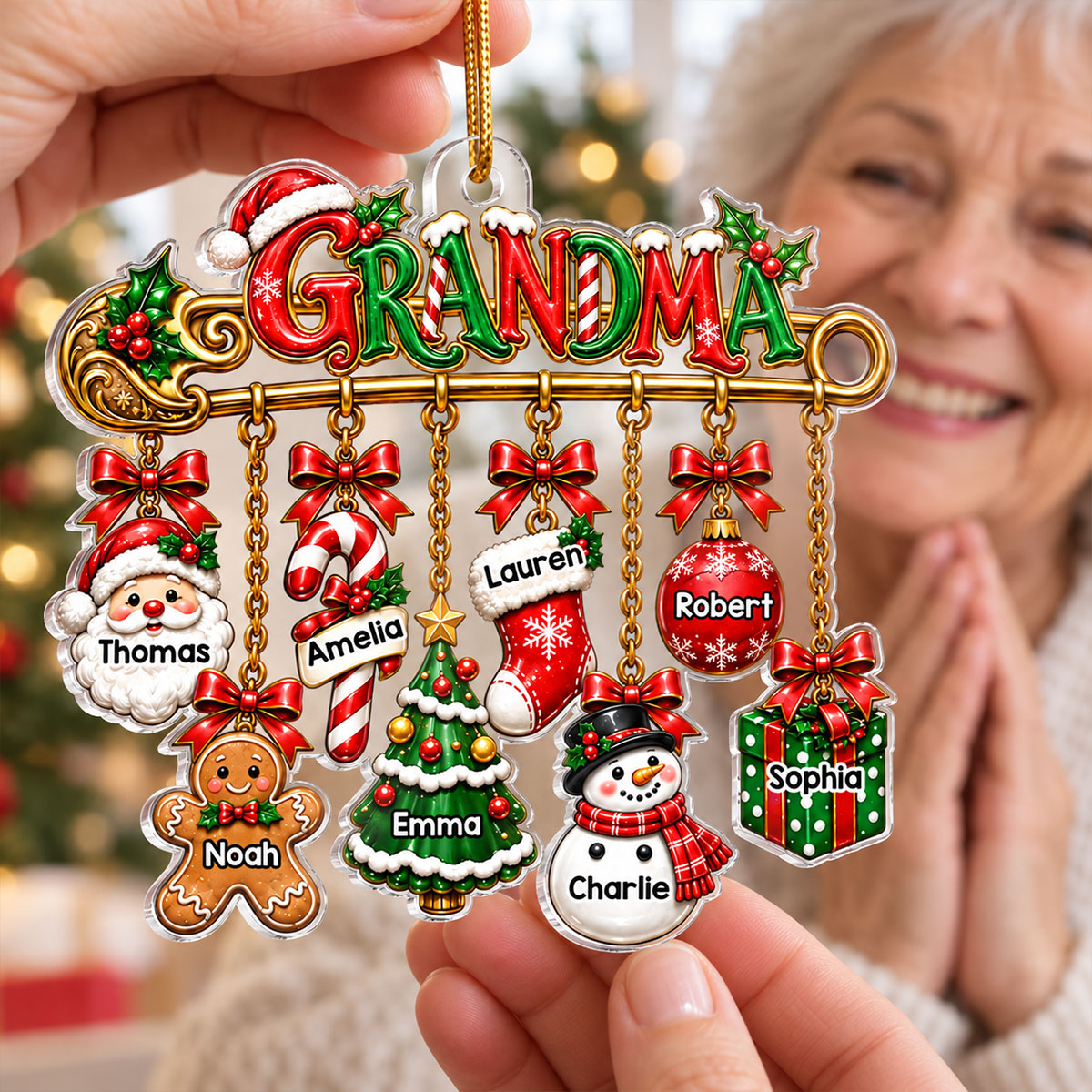 Grandma Safety Pin Christmas Charm - Personalized Acrylic Ornament - Trendy Christmas Gift for Grandma
