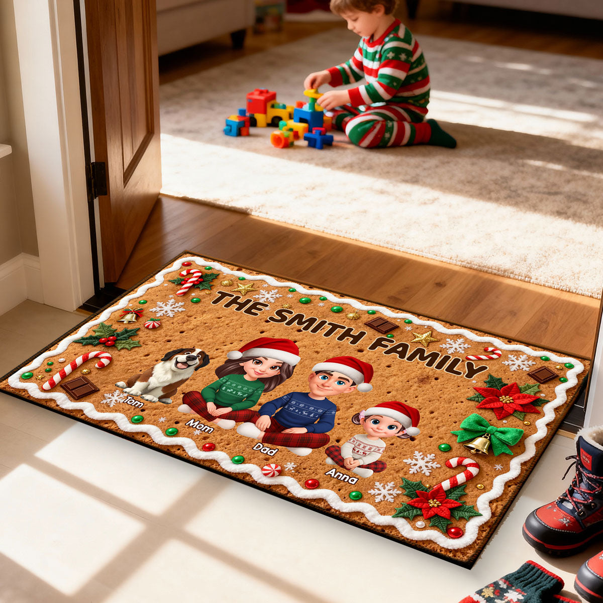 3D Effect Gingerbread Theme Beautiful Family Together Christmas - Personalized Doormat