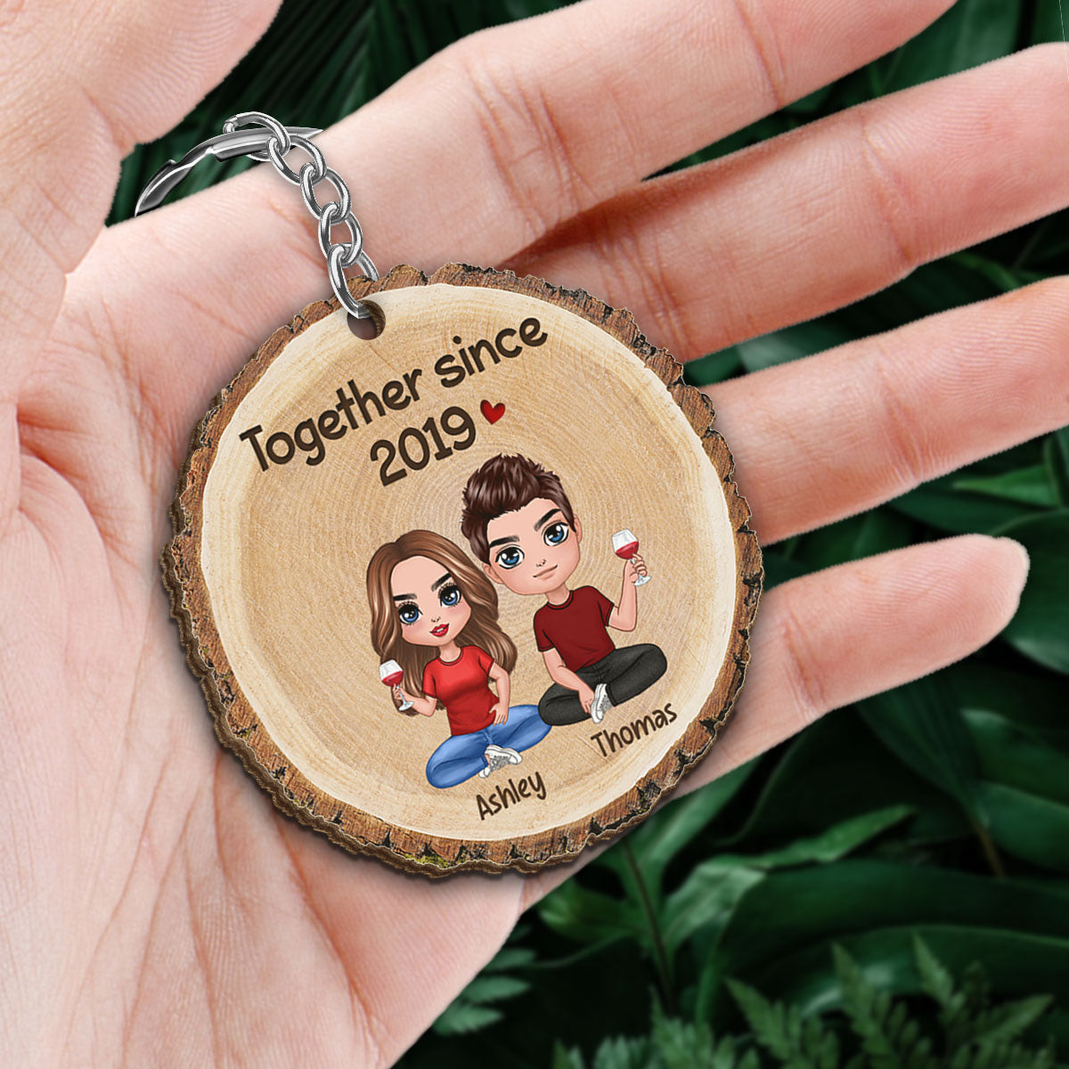 Wood Slice Texture Doll Couple Sitting Gift For Him For Her Personalized Wooden Keychain