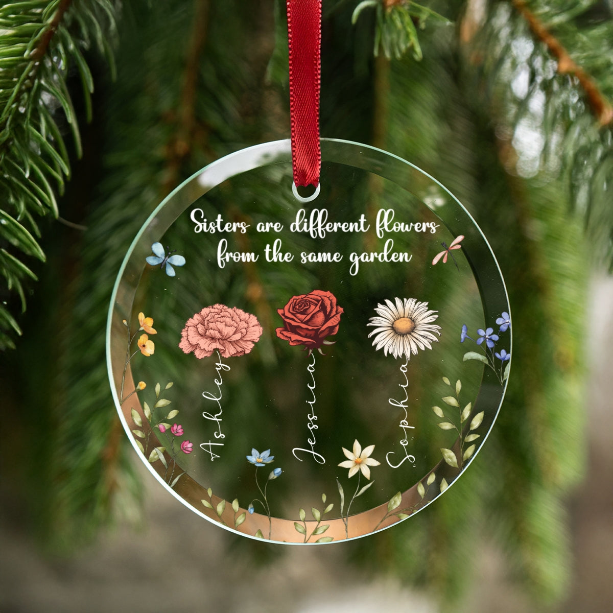 Sisters Are Different Flowers From The Same Garden Personalized Glass Ornament, Christmas Gift For Sisters, Siblings, Besties
