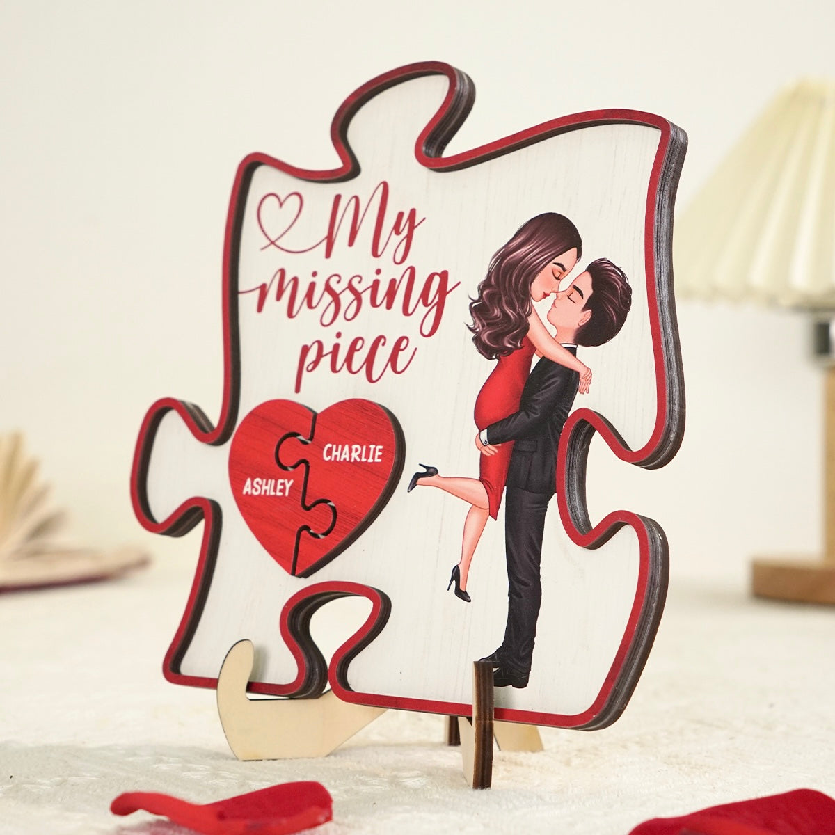 My Missing Piece Couple Hugging Kissing Red Puzzle Shaped Personalized 2-Layer Wooden Plaque, Anniversary Gift,  Gift