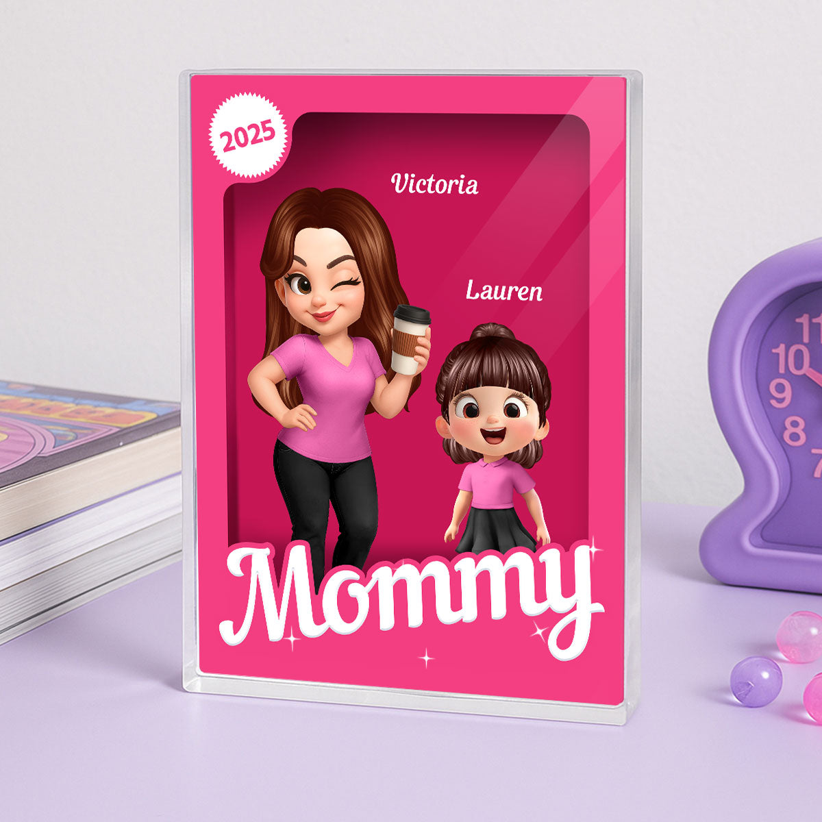 Grandma Grandkids 3D Effect Pink Action Figure Personalized Acrylic Block