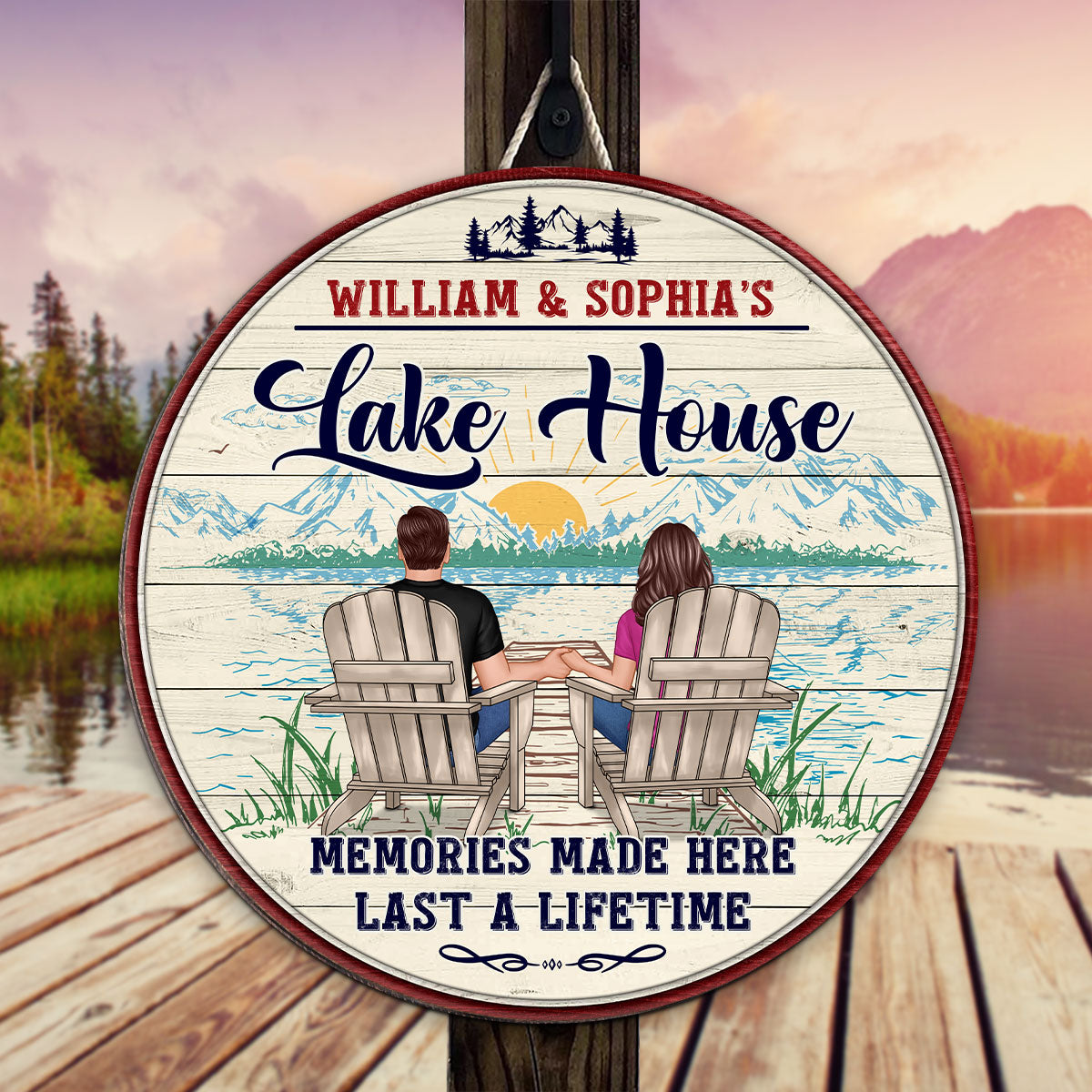 Memories Made Lake House Couple Sitting Personalized Wood Sign
