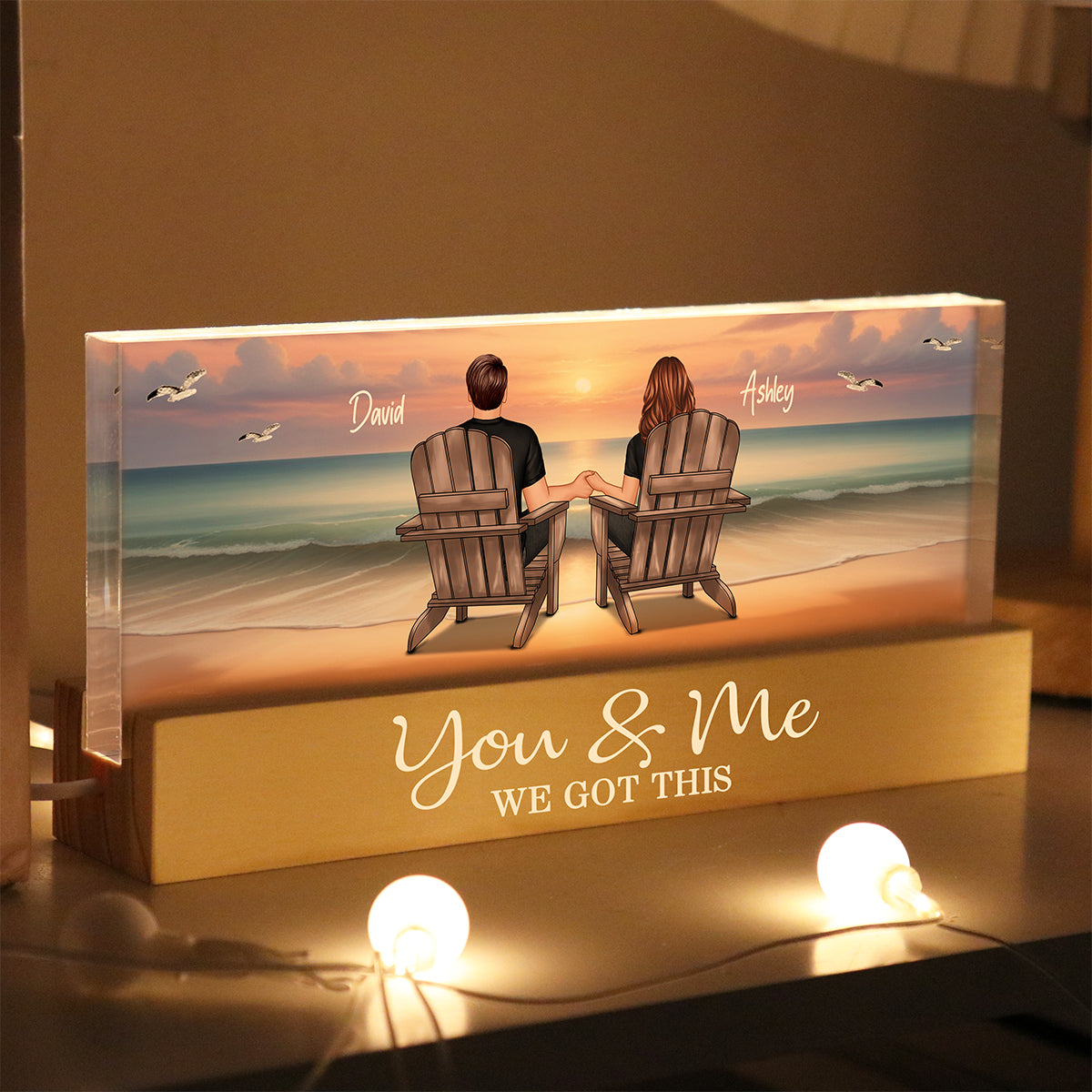 Eternal Sunset Beach Couple Personalized Acrylic LED Night Light, Heartfelt Anniversary Gift For Girlfriend, For Wife
