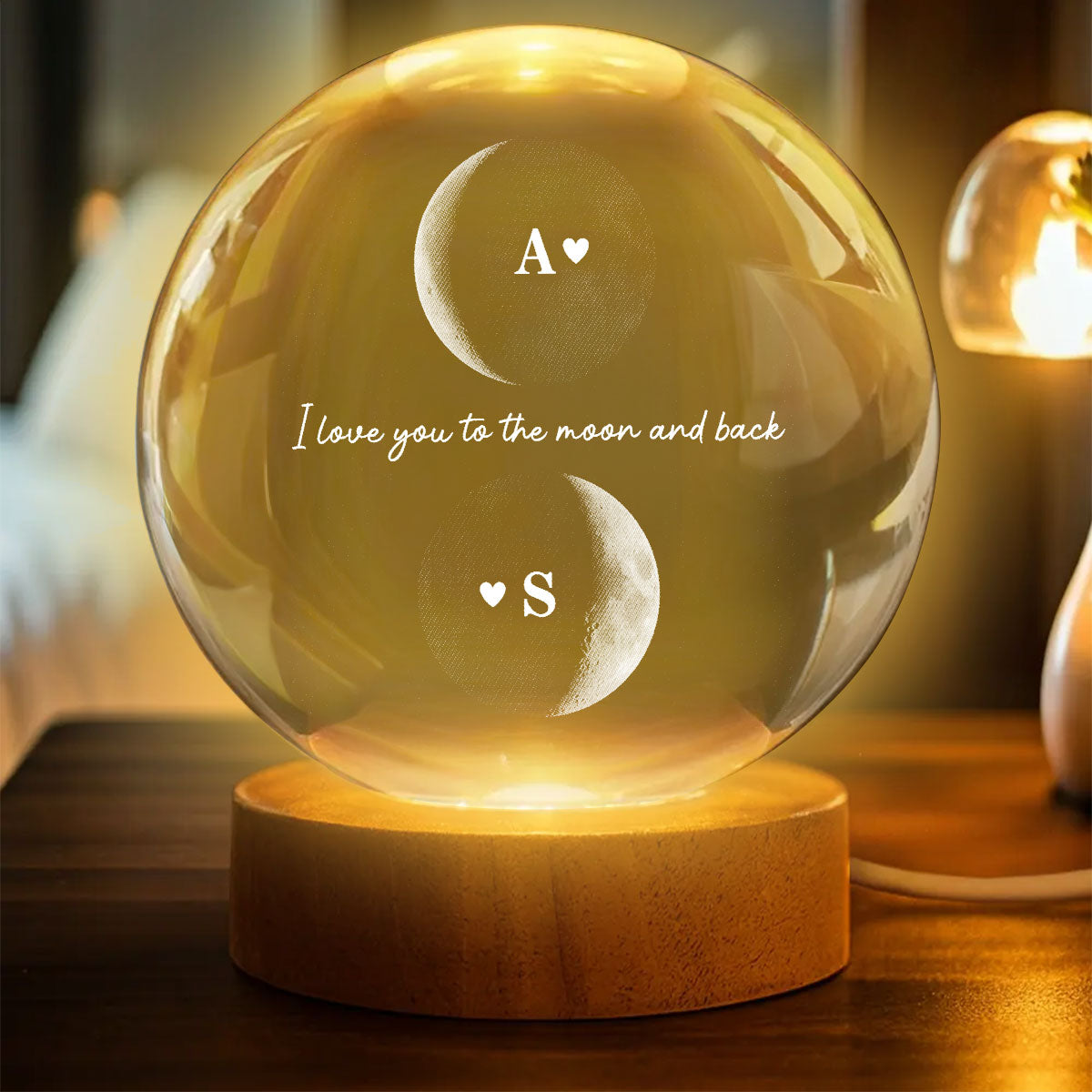 Custom Couple Moon Phase - Personalized Crystal Ball LED Night Light - Valentine's Day Gift For Couple, For Her, For Him