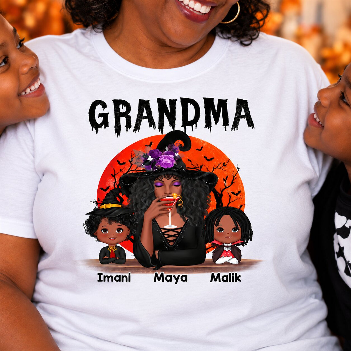 Halloween Moon Grandma Mom Witch With GrandKids Personalized Shirt