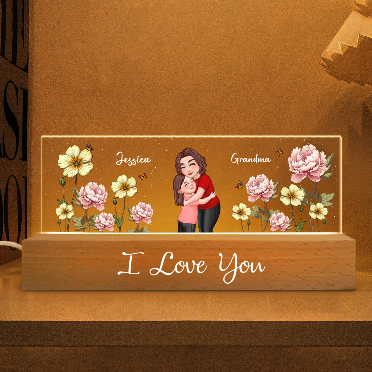 Grandma Hugging Grandkid Birth Month Flower Personalized Acrylic Block LED Night Light, Heartfelt Gift For Grandma, Grandkids