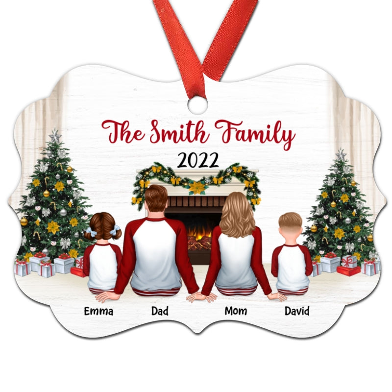 Pajamas Family Sitting In Fireplace Christmas Tree Personalized Christmas Ornament