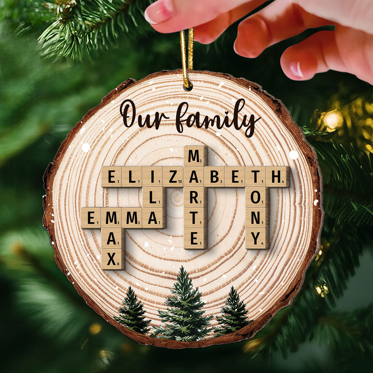 Christmas Tree Wood Pattern Family Names Puzzle Crossword Personalized 2-Layer Wooden Ornament, Christmas Gift For Family