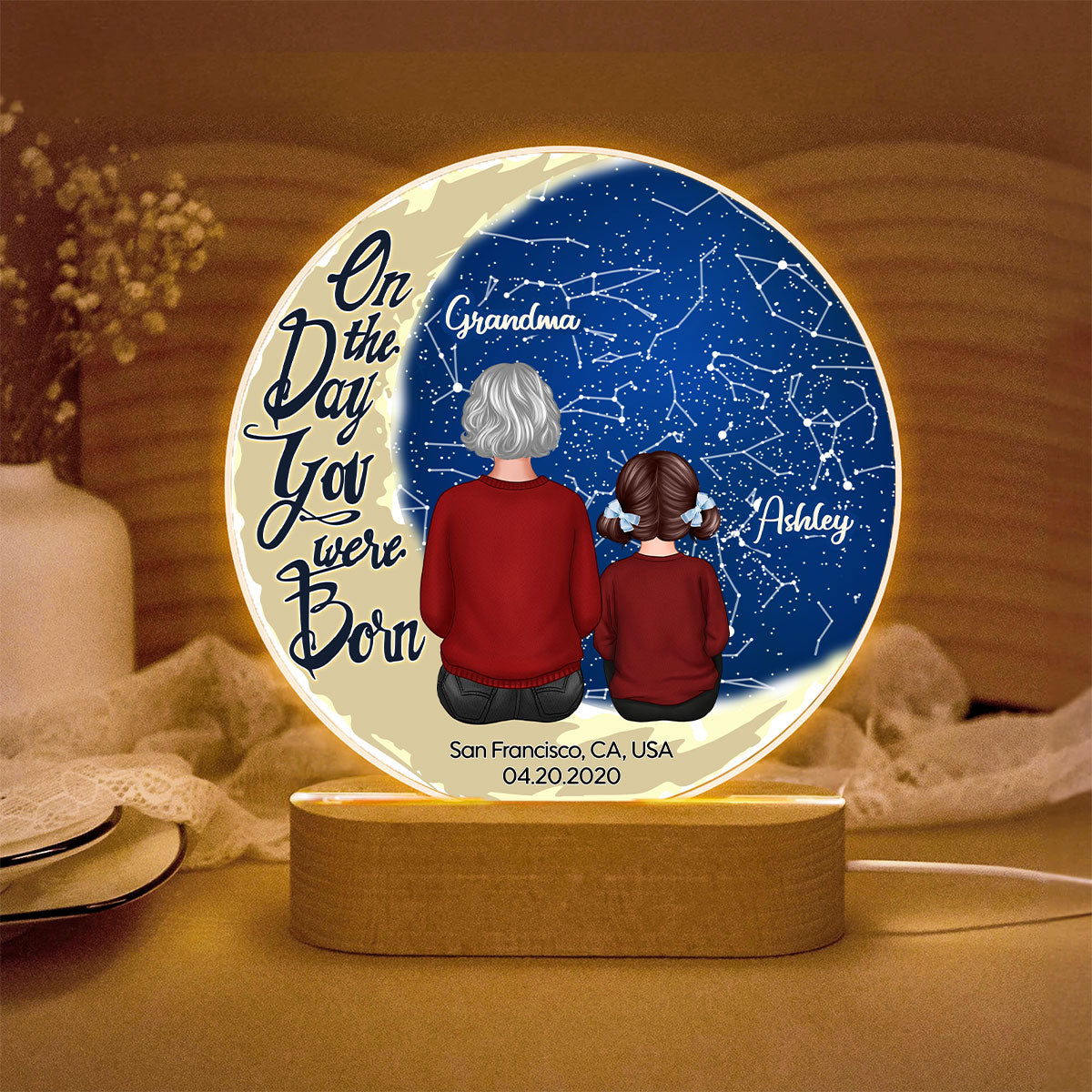 Grandma Grandkid Sitting On Moon Stargazing Star Map Personalized Circle LED Night Light