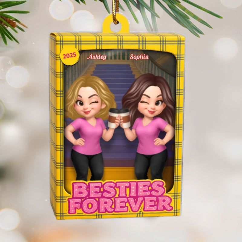 Besties Forever Yellow Plaid Toy Box Style - Personalized Acrylic Ornament - Christmas Gift For Best Friends