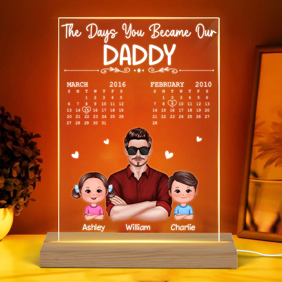 The Days You Became Our Dad Man & Doll Kids Personalized Rectangle Acrylic Plaque With LED Night Light