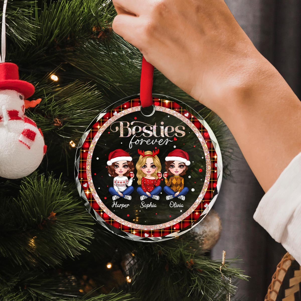 Sparkling Checkered Pattern Lovely Besties Personalized Glass Ornament