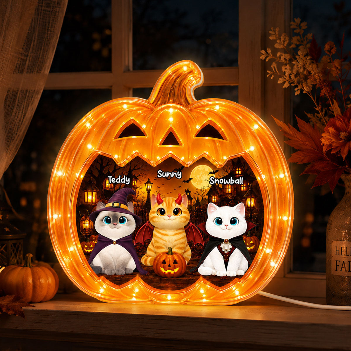 Spooky Halloween Pumpkin Cats - Personalized Light Box - Halloween Decor For Cat Lovers