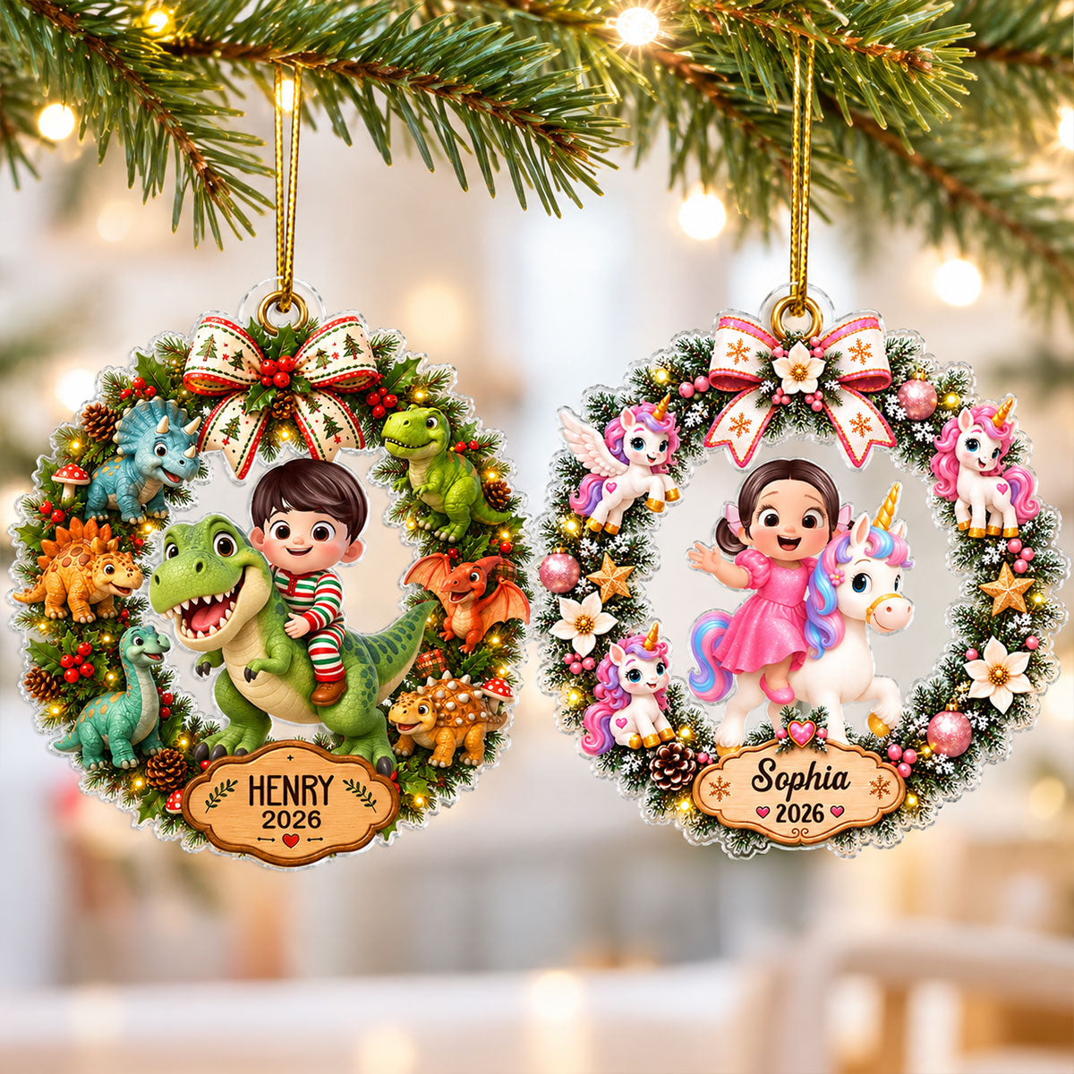 2026 Cute Cartoon Kid With Dinosaur Unicorn - Personalized Acrylic Ornament - Christmas Gift For Boys, Girls