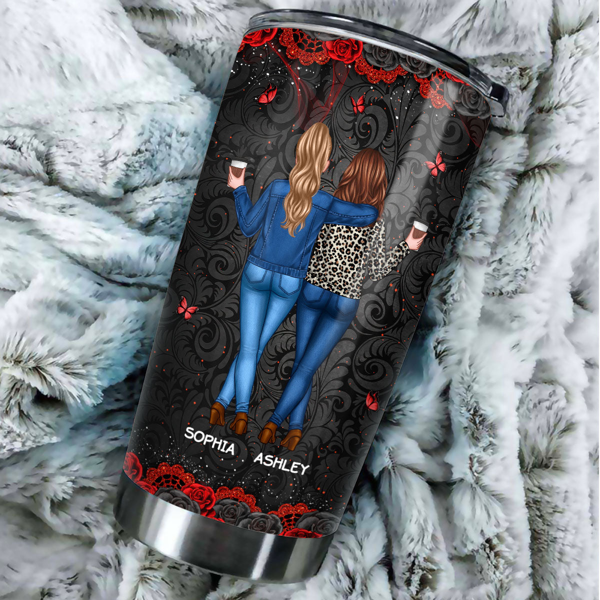 I'd Punch A Bitch For You Gift For Besties Black & Red Roses Personalized Tumbler