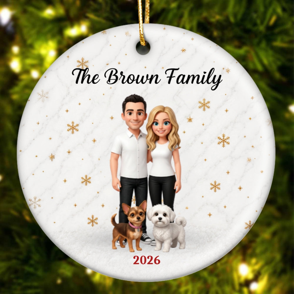 Cartoon Family Portrait From Photo 2D Flat - Personalized Ceramic Ornament - Christmas Keepsake