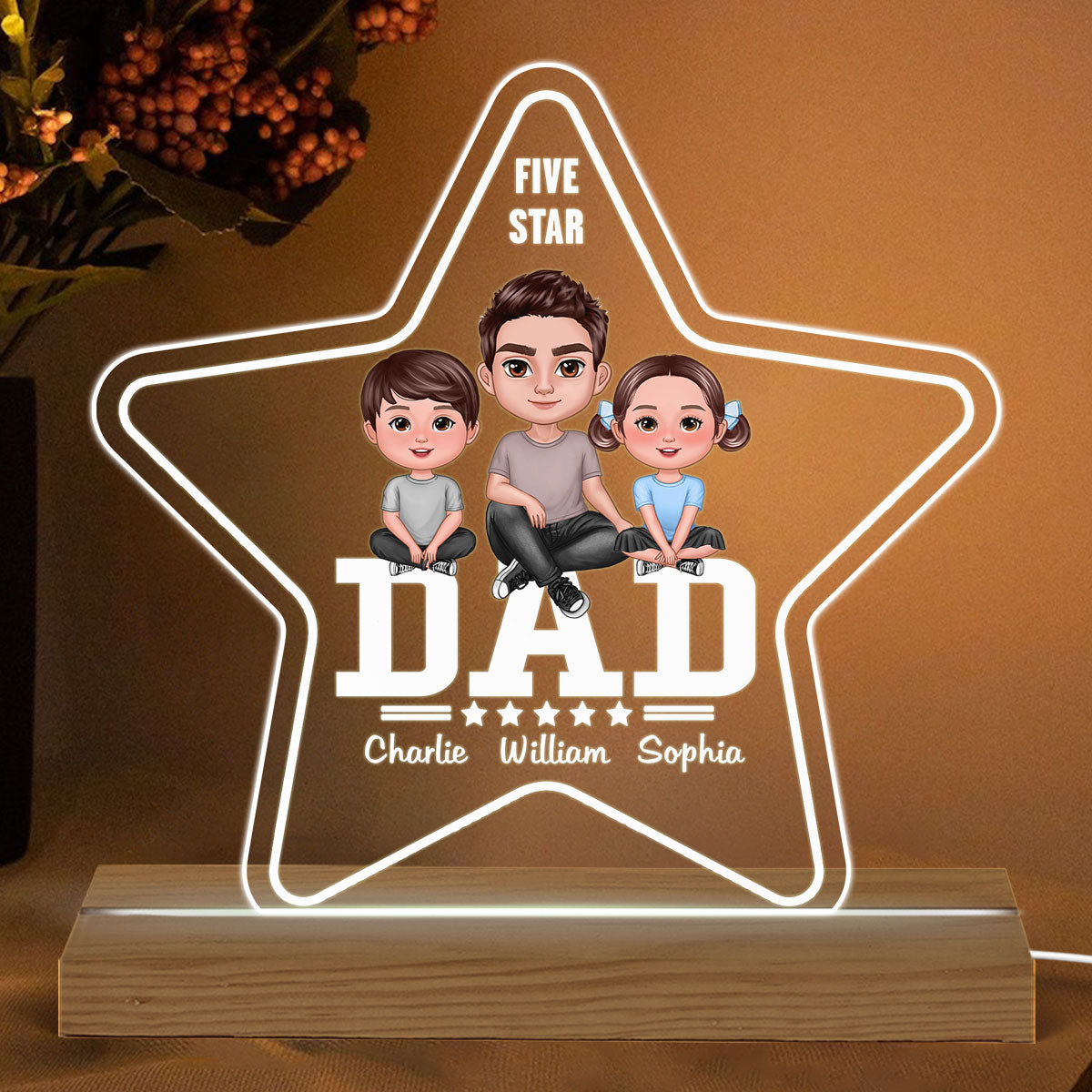 Five Star Dad Doll Sitting Man & Kids Personalized Warm Acrylic Custom Shape LED Night Light