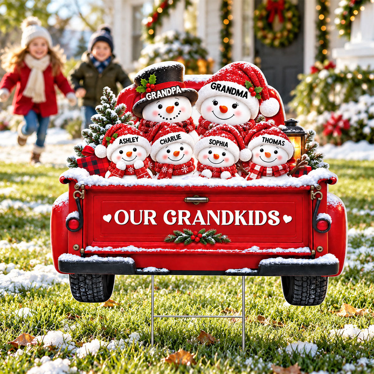 Christmas Cute Snowman Truck Grandpa Grandma Grandkids - Personalized Yard Sign - Christmas Decor For Grandparents
