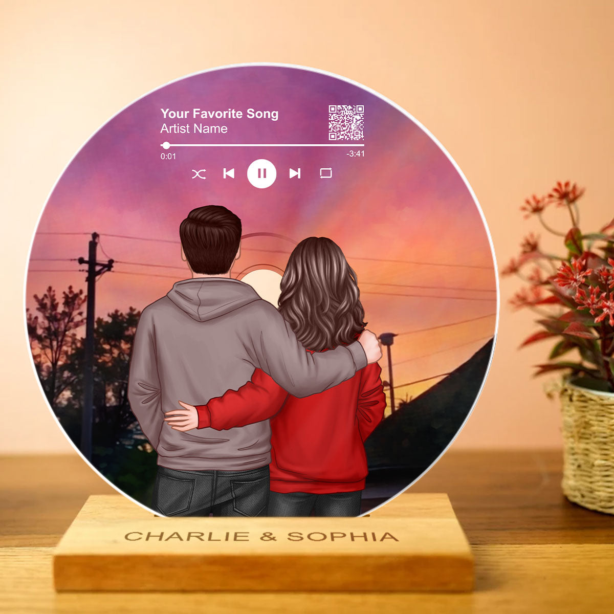 Couple Back View In the Sunset Custom Vinyl Record Acrylic Song Plaque, Scannable QR Code, Personalized Birthday, Anniversary Gift for her and for him