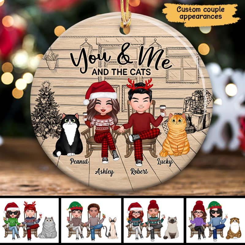 Doll Couple Pajama Cats Front Porch Personalized Circle Ornament