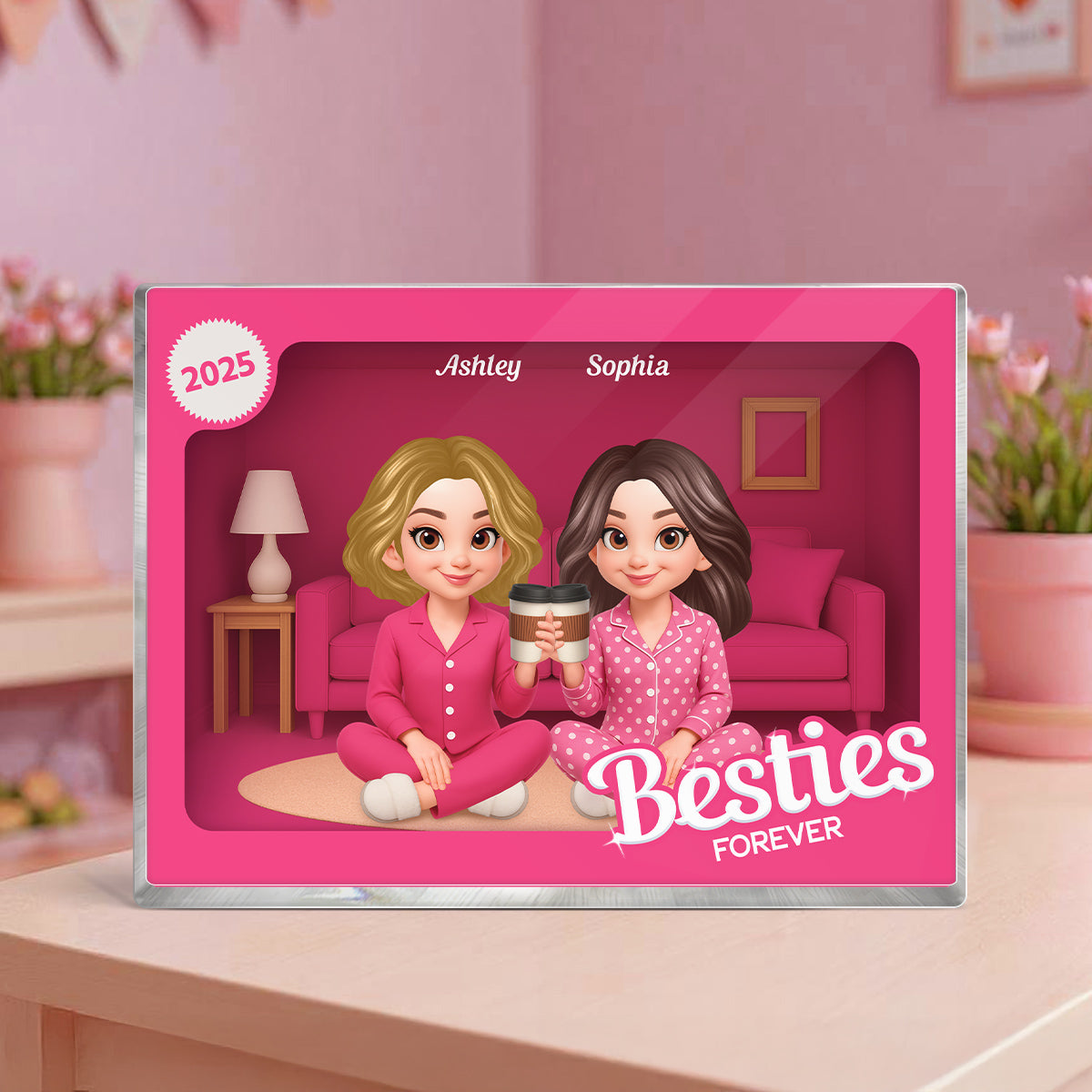 Pink Pajamas Besties In House Toy Box 3D Effect Personlized Acrylic Block