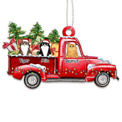 Peeking Cats On Christmas Truck Personalized Wooden Ornament
