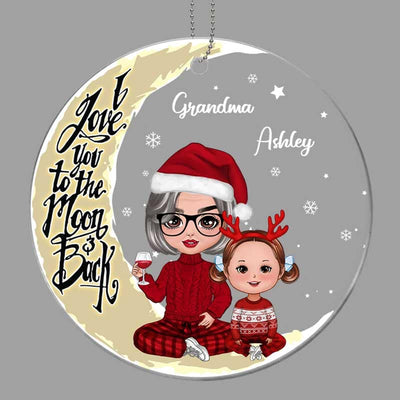 Doll Grandma & Grandkids On Yellow Moon Snow - Personalized Ornament
