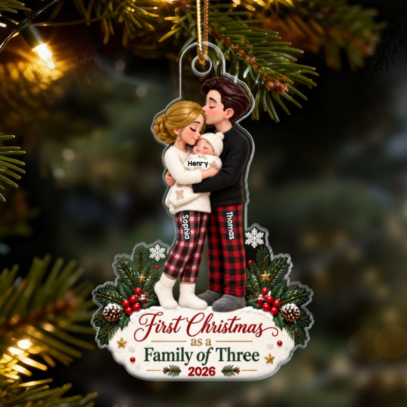 Our First Christmas As Family Of Three 2D Flat Printed - Personalized Acrylic Ornament - Christmas Tree Keepsake For New Parents