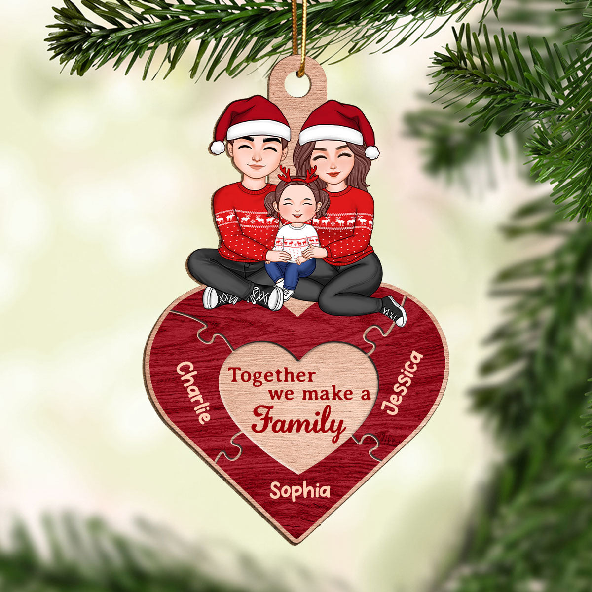 Together We Make A Family Red Heart Puzzle Personalized Wooden Ornament