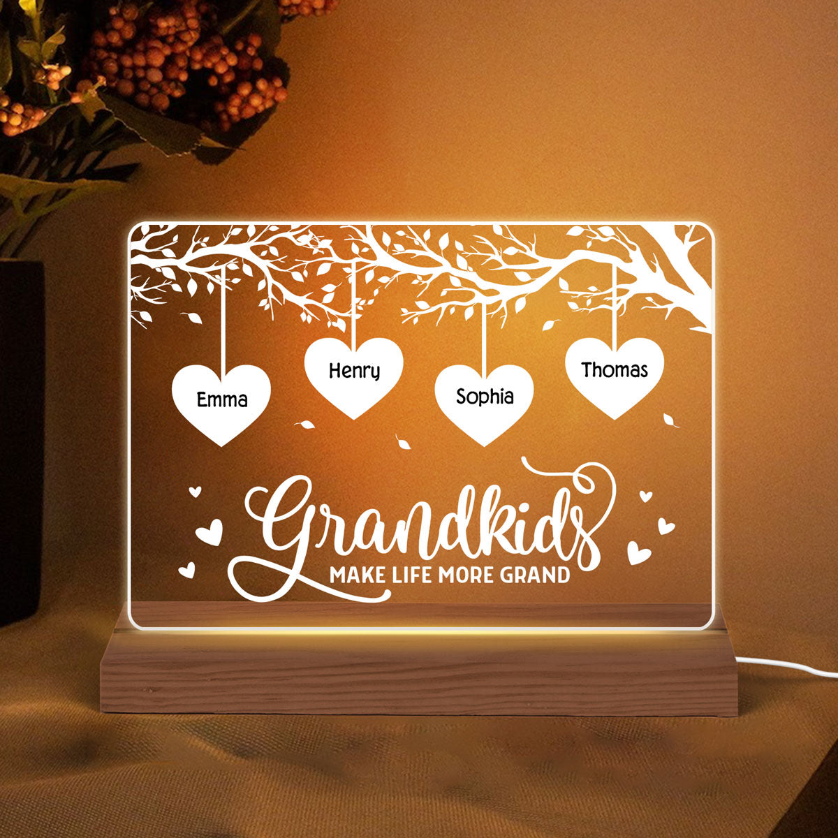 Grandkids Make Life Grand Hearts Tree Personalized Horizontal Rectangle Acrylic Plaque With LED Night Light