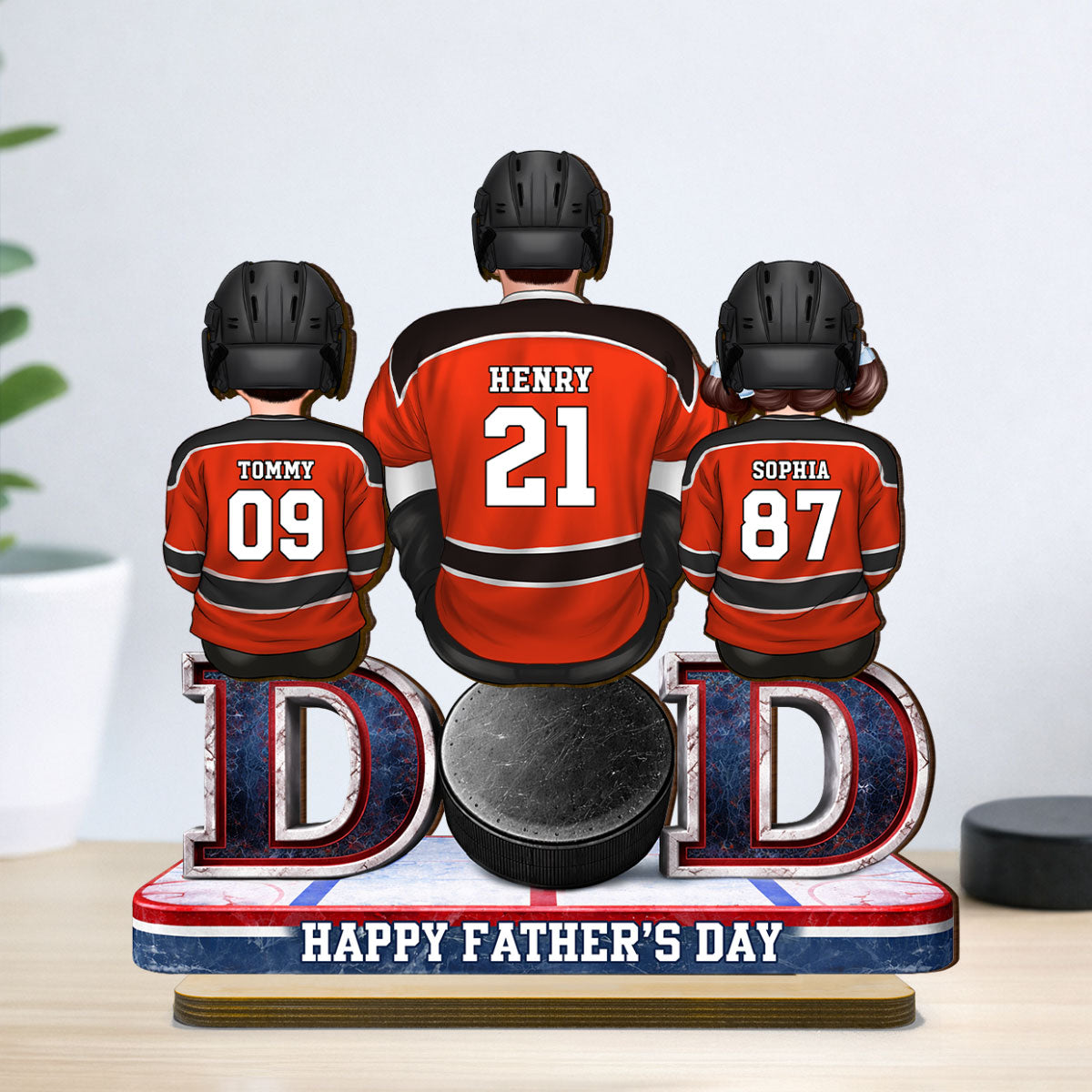 Hockey Dad And Kids Sitting Together - Personalized 2-Layered Wooden Plaque - Father's Day Gift, Gift For Hockey Dad, Gift For Husband