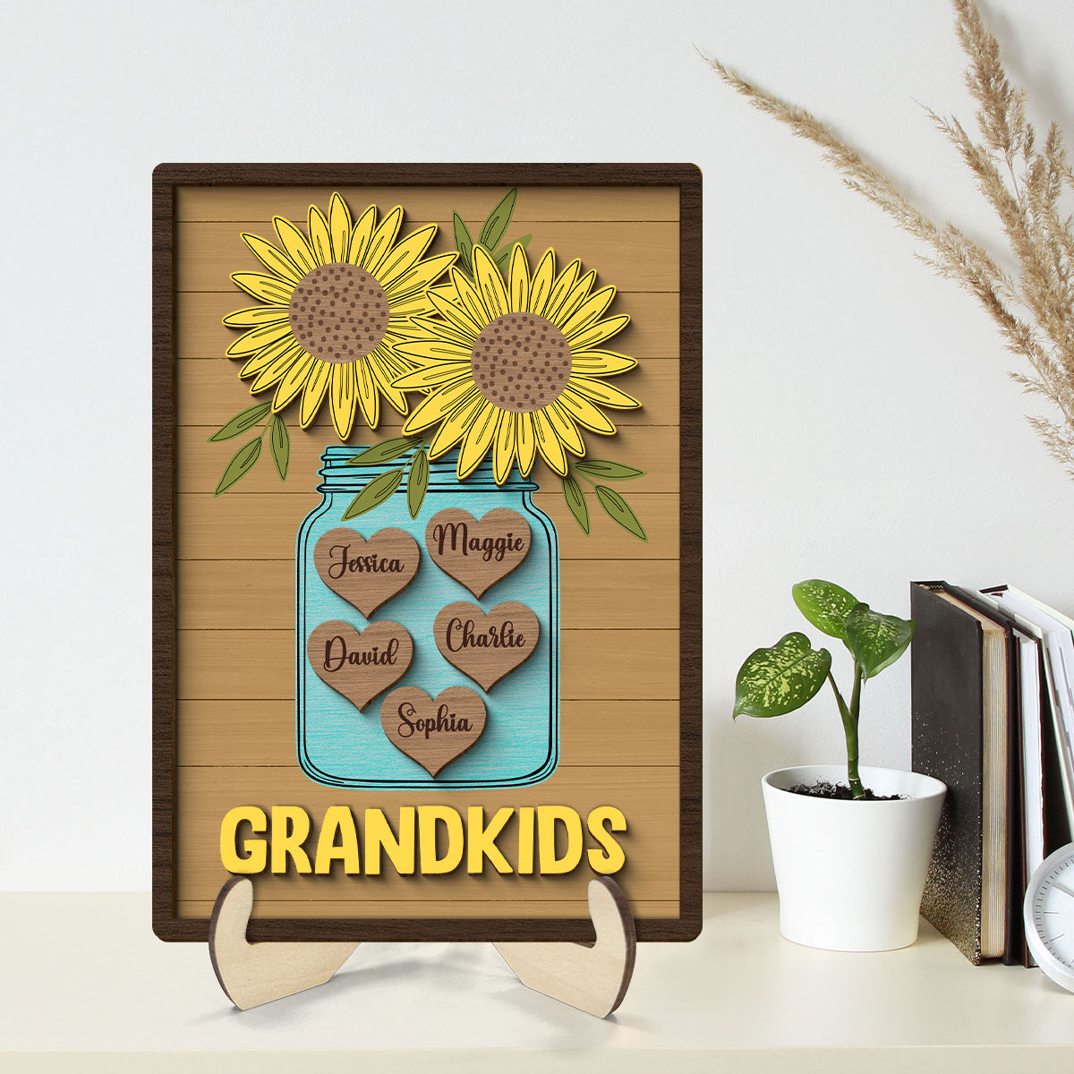 Grandkids Sunflowers Vase Hearts With Kids Names Personalized 2-layer Wooden Plaque