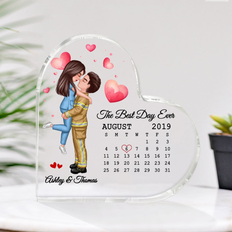 Couple Kissing Hugging Calendar Date Anniversary Valentine‘s Day Gifts by Occupation Gift For Her Gift For Him Firefighter, Nurse, Police Officer Personalized Acrylic Heart Plaque
