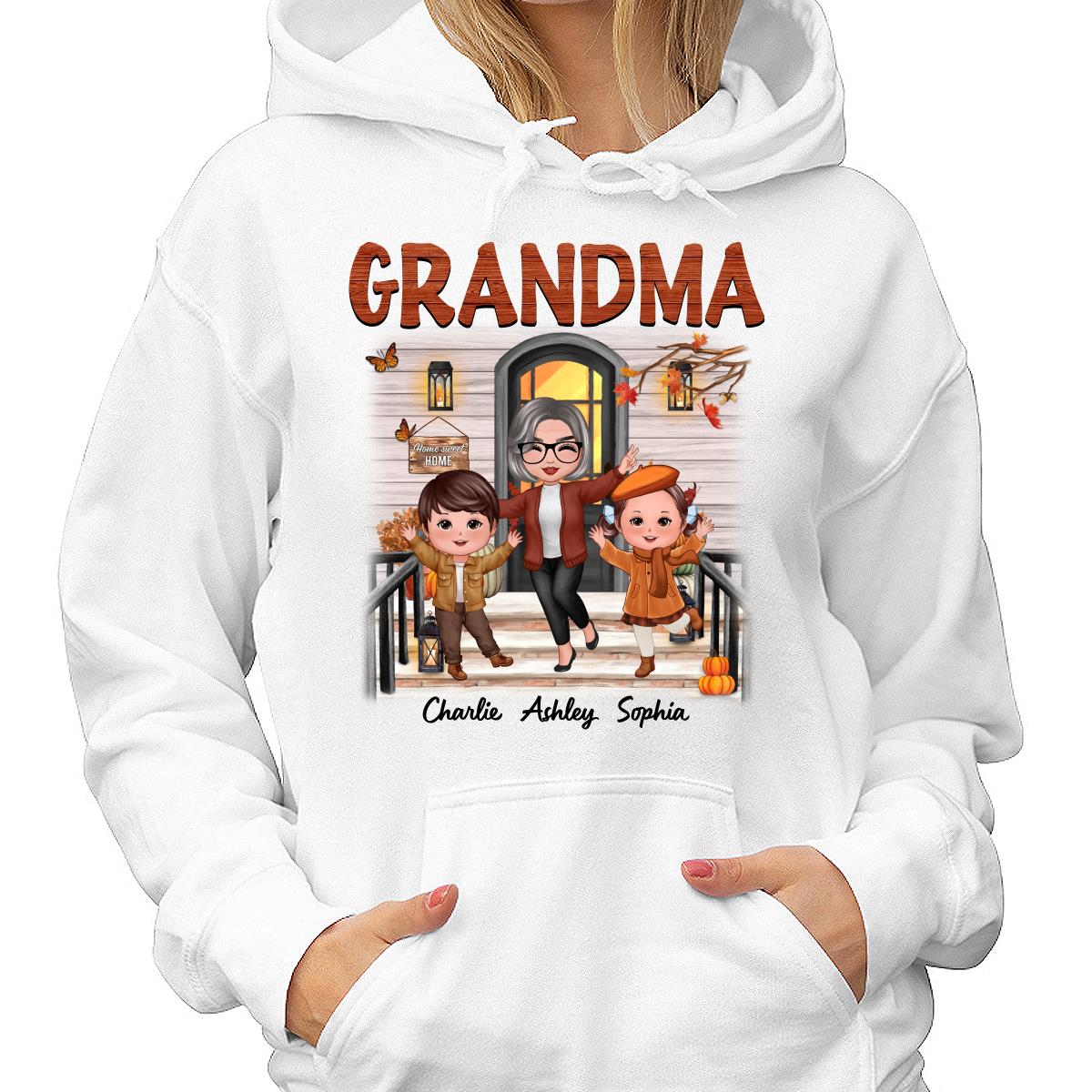 Fall Season Happy Doll Grandma And Grandkids Front Porch Personalized Shirt