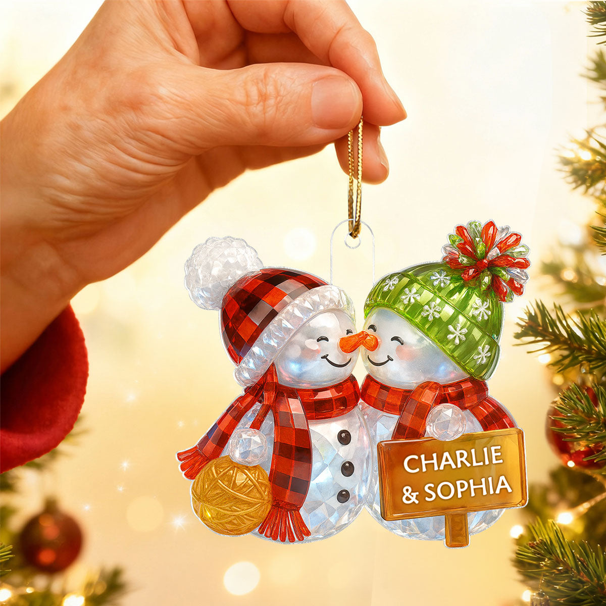 Kissing Snowman Couple 3D Crystal Effect - Personalized Acrylic Ornament