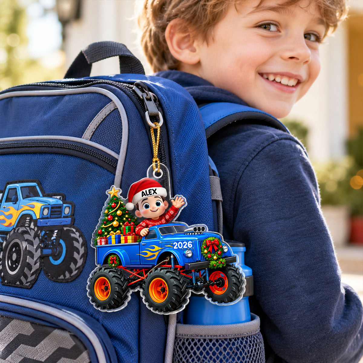Little Kid With Monster Truck - Personalized Acrylic Ornament - Christmas Gift For Kids, Grandkids, Grandson, Granddaughter, Son, Daughter