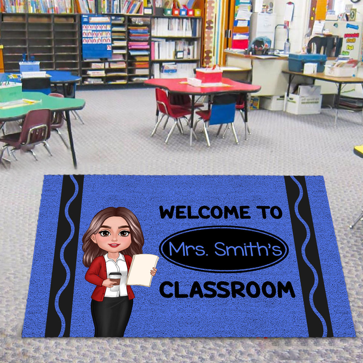 Welcome To Teacher Classroom Crayon Patter - Personalized Doormat - Back To School Gift, Classroom Decoration
