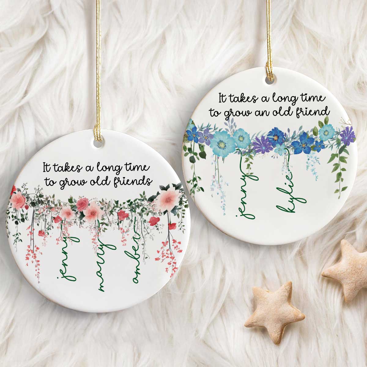 Grow Old Friends Vine Flowers Personalized Circle Ceramic Ornament, Gift for Besties, Best Friends