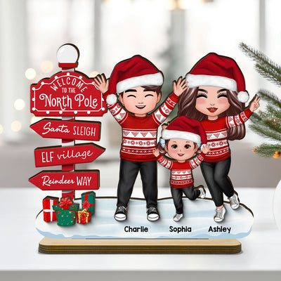 Happy Family With Christmas North Pole Sign Personalized 2-Layer Standing Wooden Plaque, Christmas Decoration