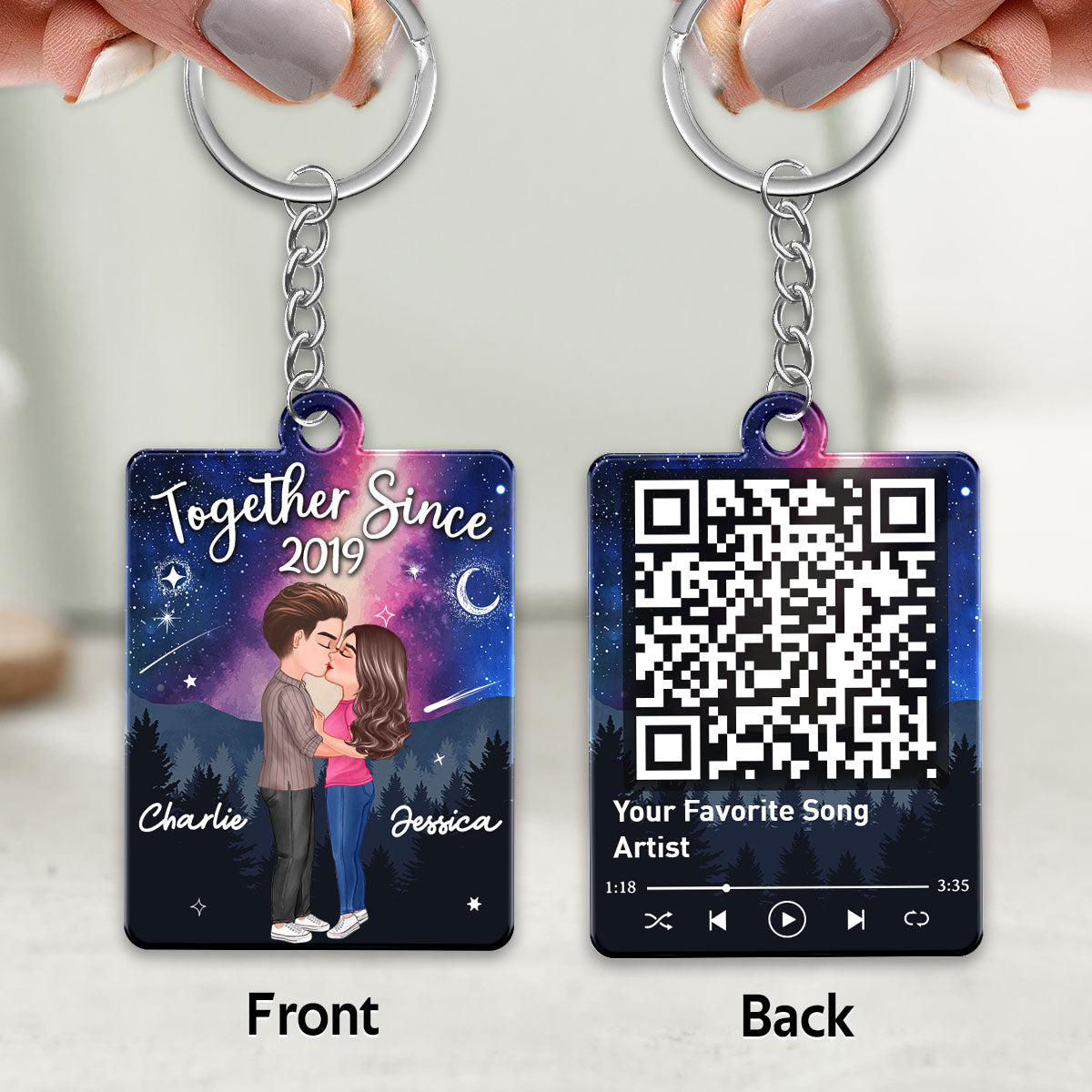 Doll Couple Kissing In Galaxy Night Favorite Song Scannable QR Code Personalized Acrylic Keychain