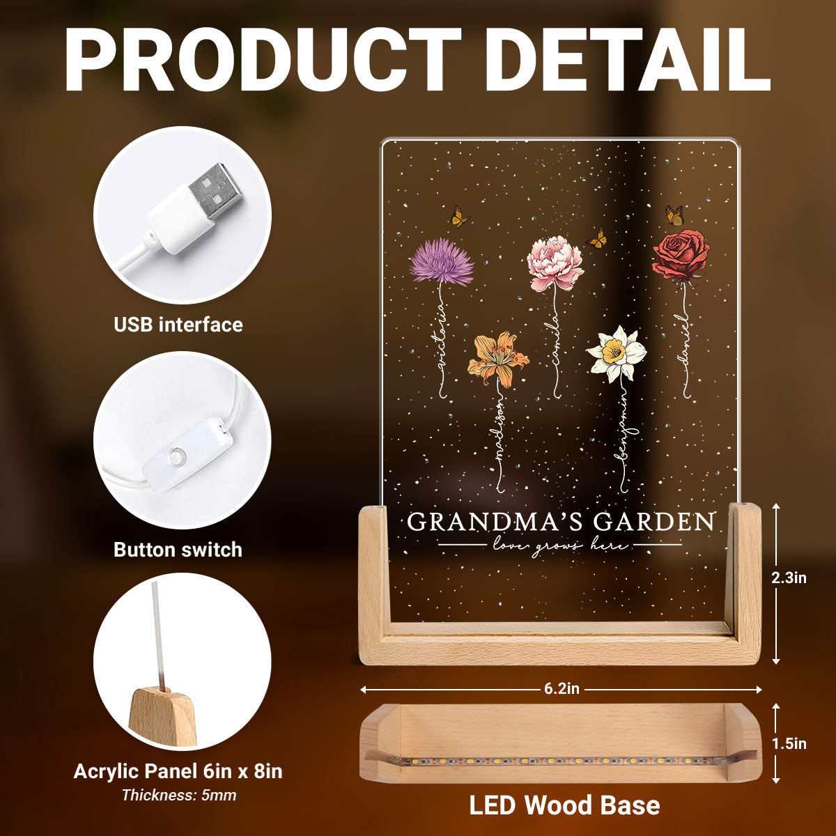 Grandma's Garden Love Grows Here Birthmonth Flowers Personalized U-Base Acrylic LED Night Light, Grandkids Names Floral Gift