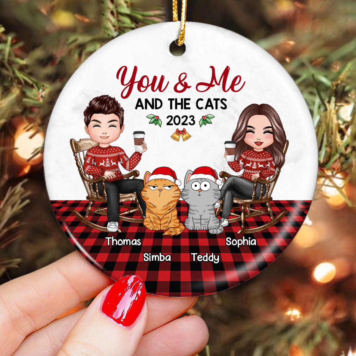 You Me & The Cats Doll Couple Checkered Pattern Personalized Circle Ornament