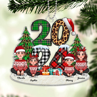 Christmas Animated Family Sitting 2024 Stacked Pattern Personalized Acrylic Ornament
