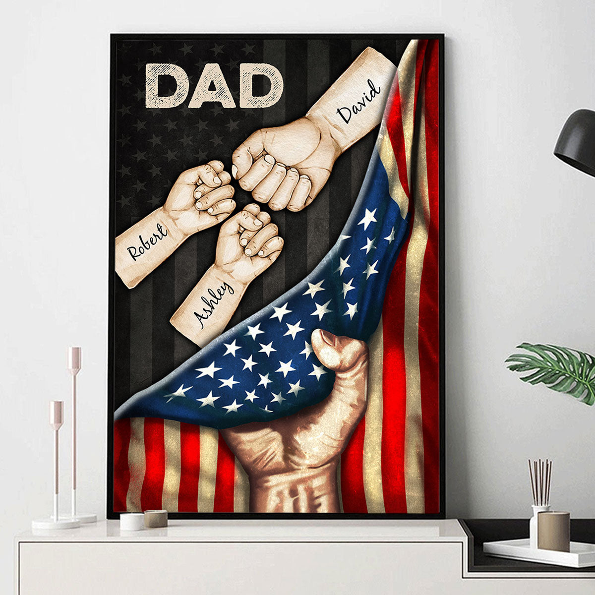 Daddy's Team Fist Bump Hand Pulling American Flag Personalized Poster, Father's Day Gift for Dad, for Grandpa, for Husband