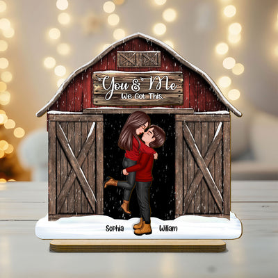 Red Barn Christmas Couple Kissing Personalized 2-Layer Standing Wooden Plaque, Christmas Tiered Tray Decor