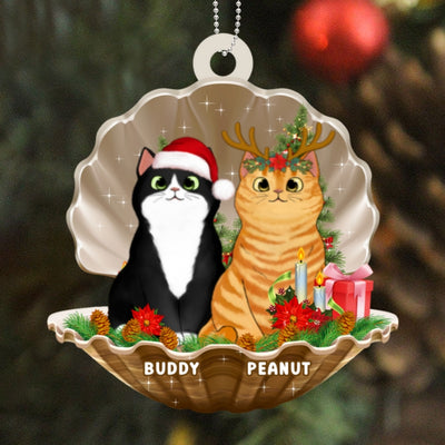 Fluffy Cats In Pearl Shell Christmas Personalized Wooden Ornament