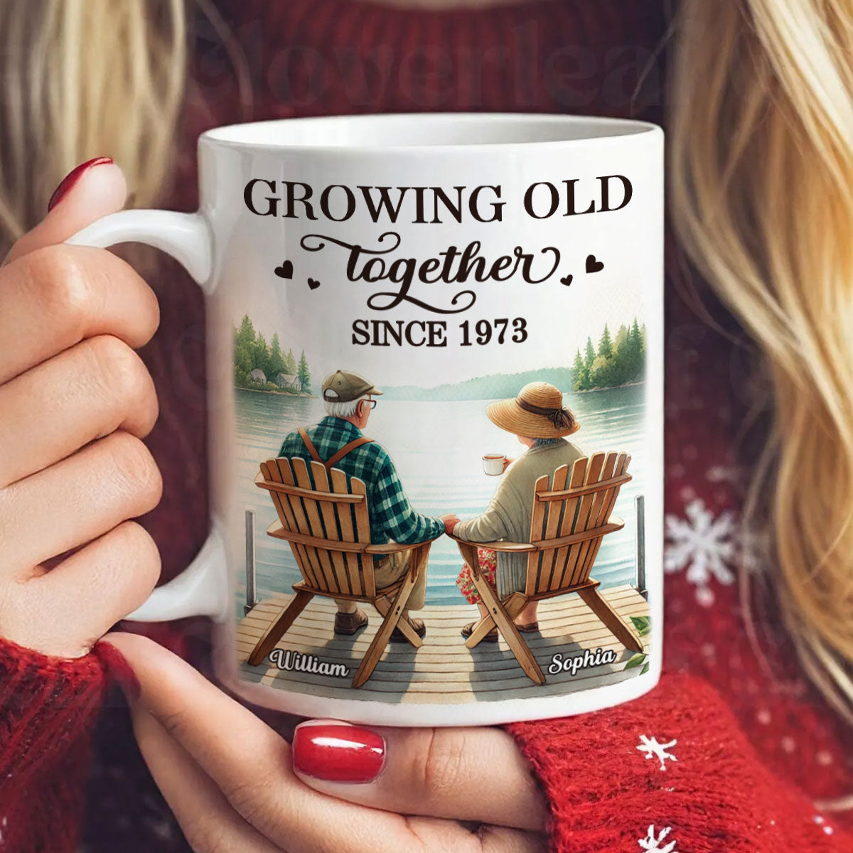 Back View Old Couple Sitting Together On The Lake Dock Personalized Mug, Heartfelt  Gift For Him, For Her, Husband, Wife